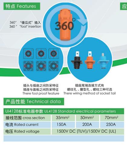 Diameter 57 Energy Storage Connector 1500V 65A -125A Pass TUV IP67 PA GF
