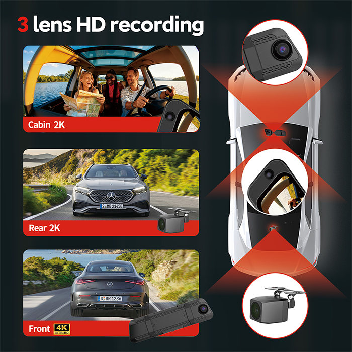 4K Mirror Dash Cam 170° Fisheye Lens WiFi GPS Parking Monitor 3 Channel Dash Cam 4k