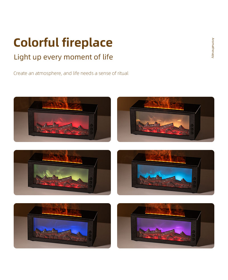 3D Realistic Flame Fireplace Diffuser Humidifier 300ml Large Tank Type-C Charging Quiet Operation