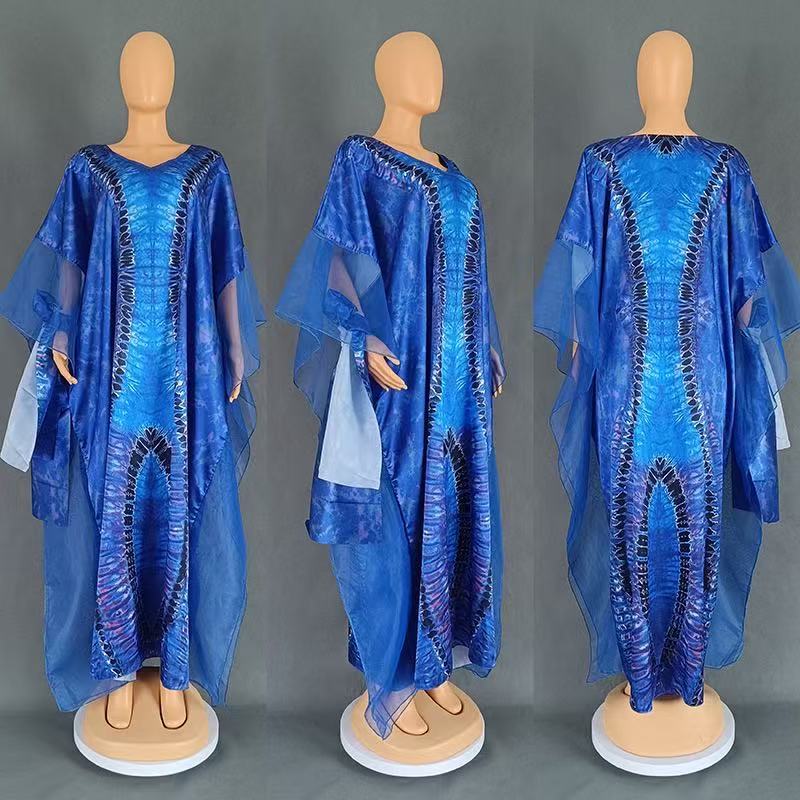 Women’s African Print Chiffon Kaftan Dress with High-Waist Design for Elegant Casual Wear