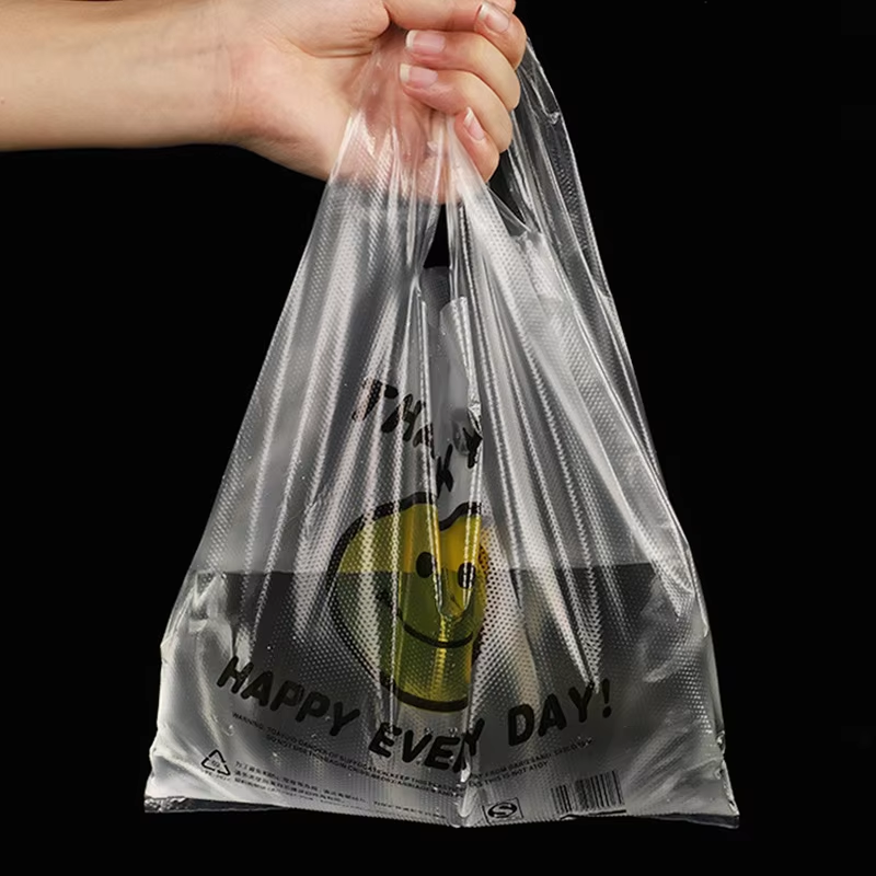 Wholesale Direct T-Shirt Vest Carrier Bag Clear PE LDPE Shopping Bag Customized Smiling Face Plastic Bag