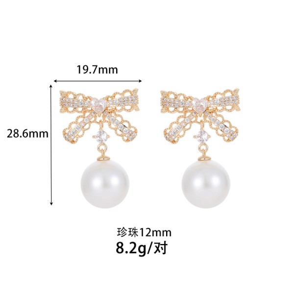Wholesale Micro Insert Zircon Bowknot Pearl Brass 14K Real Gold Fashion Korean Silver Needle Earrings Women Jewelry