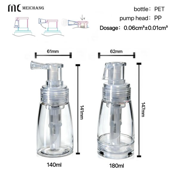 140ml 180ml Powder Spray Bottle with Precise Dosage 0.06cm³±0.01cm³, Food-Grade PET & PP, and Customizable Logo & Color