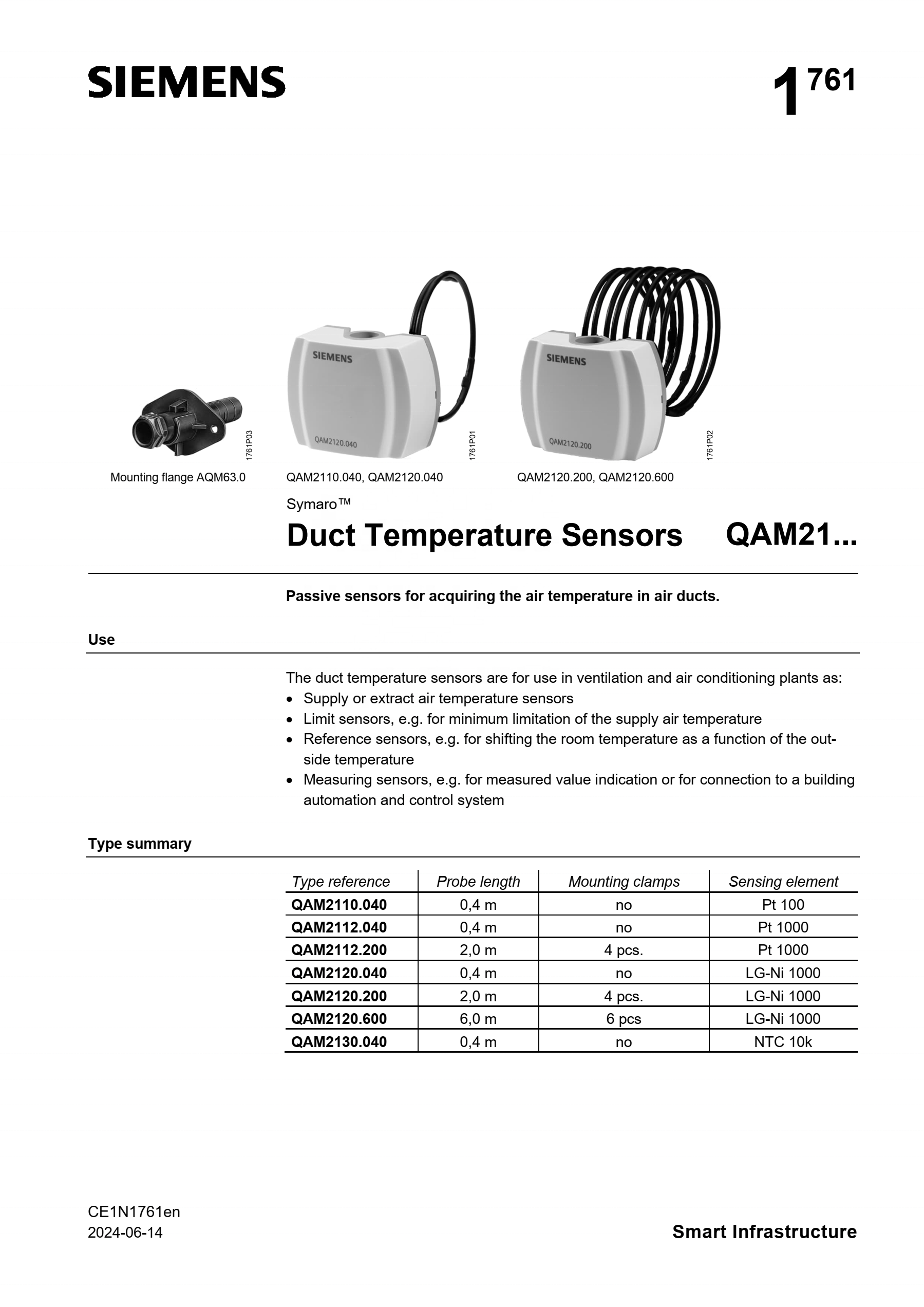 Siemens QAM2120.040 Duct Temperature Sensor with Plastic Material and Universal Motor Type for Industrial Automation