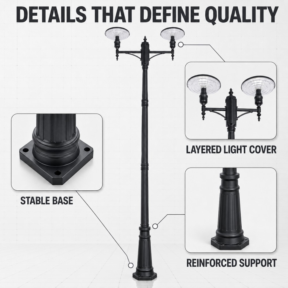 10W Twin Head Solar Garden Lights with Round Disc LEDs for Courtyards Walkways Public Spaces