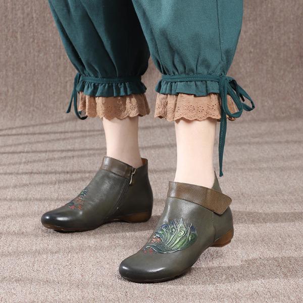 HZM035 Retro Embroidery Women'S Short Boots Autumn And Winter New Style Leather Retro Personality Women'S Shoes Soft Sol