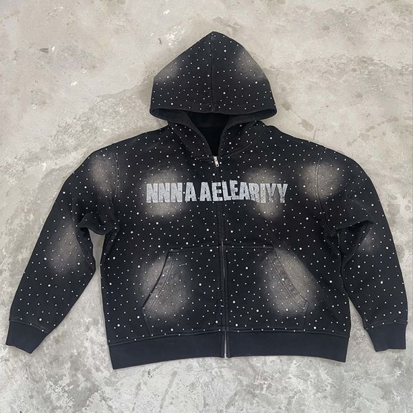 Heavyweight Rhinestone Mens Clothing Streetwear Hip Hop Acid Wash Hoodie for Men Manufacturer Custom Zip up Black Cotton Hoodies