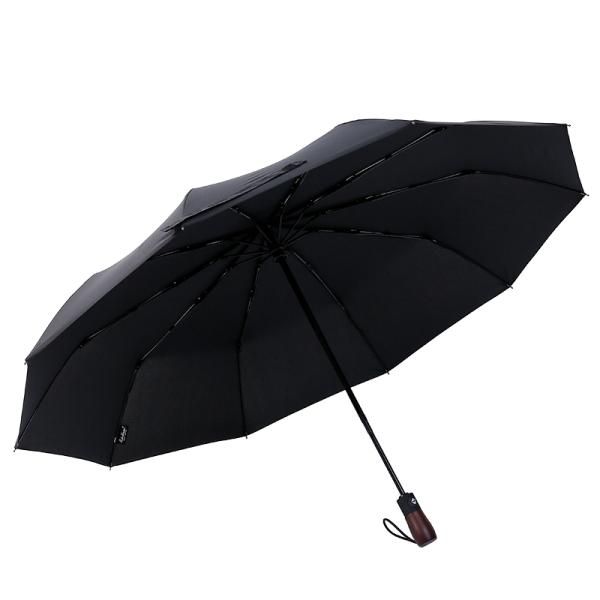 Fully Automatic 10 Ribs Wind Resistant Solid Wood Handle Engraved with Three Fold Men's Business Umbrella