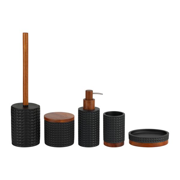 Polyresin bathroom accessories set round with checker pattern and wood accessoires lotion pump bottle soap dish