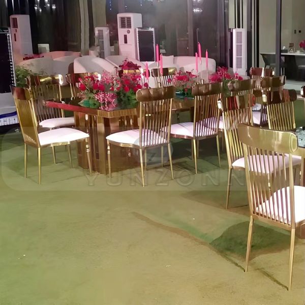 Modern High Back Restaurant Dining Chair with Gold Stainless Steel Frame Rococo Style Hotel Chair