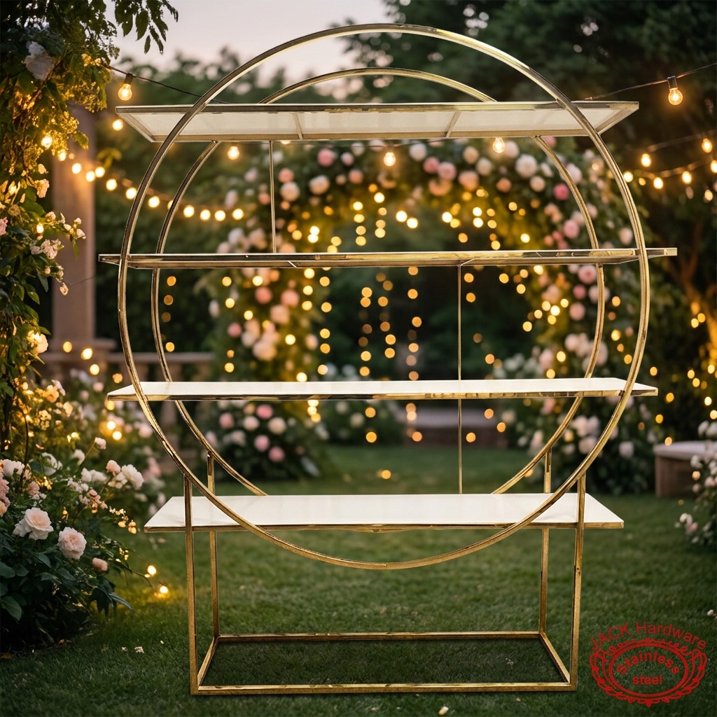 WENDING Gold Circle Ring 4-Tier White Shelf Wedding Display Rack – Full Moon Event Stand