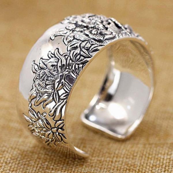 Retro Vintage 925 Sterling Silver Wide Cuff Bracelet Engraved Flower (XH042025)