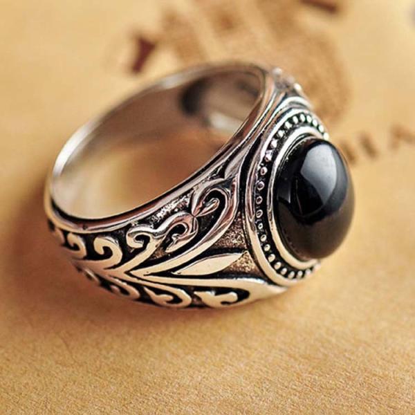 Mens Sterling Silver Retro Ring with Oval Synthetic Black Onyx(XH037009BLACK)