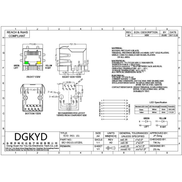 Соединитель 8P8C сети Rj45 держателя PCB KRJ-5921S11GYZENL одиночный гаван модульный поднимает RJ45 домкратом без трансформатора