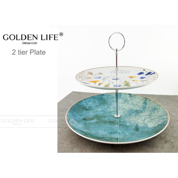 Pastoral Flowers Ceramic Fruit Plates Double - Decked AB Grade Quality Level Durable