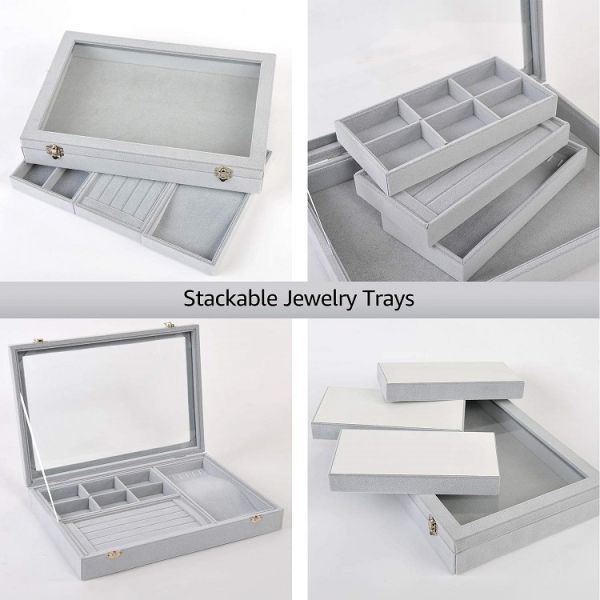 Custom Logo 4 In 1 Stackable Jewelry Tray With Lid For Necklaces Rings Earrings