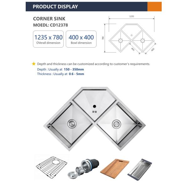 110mm Corner Stainless Steel Kitchen Sink 18 Gauge Brushed Double Bowl 124x77