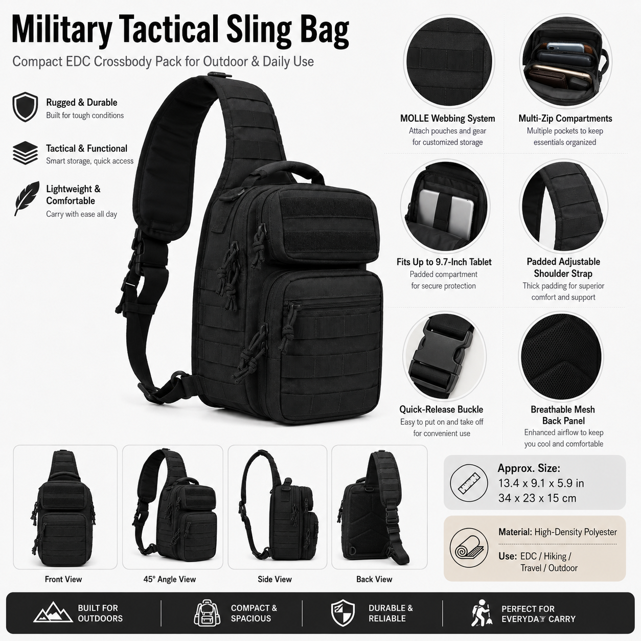 Tactical Sling Bag for Men, Military Crossbody Shoulder Backpack, Compact EDC Range Pack for Hiking, Travel & Outdoor Use, Black