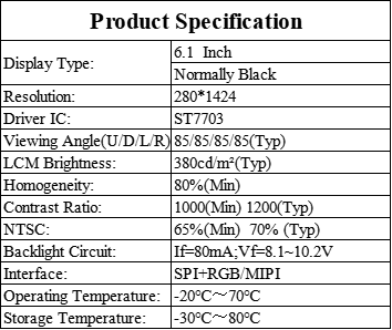 6.1 Inch Long Strip LCD Display with 280 × 1424 Resolution and IPS Full Viewing Angle for Industrial Applications