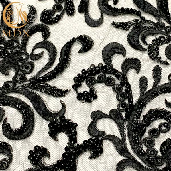 Garment Black Embroidered Handmade Lace Fabric Pearls Decoration
