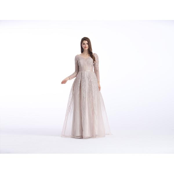 Champagne Fluffy Arabic Style Dress , Long Sleeve Arabic Wedding Dress