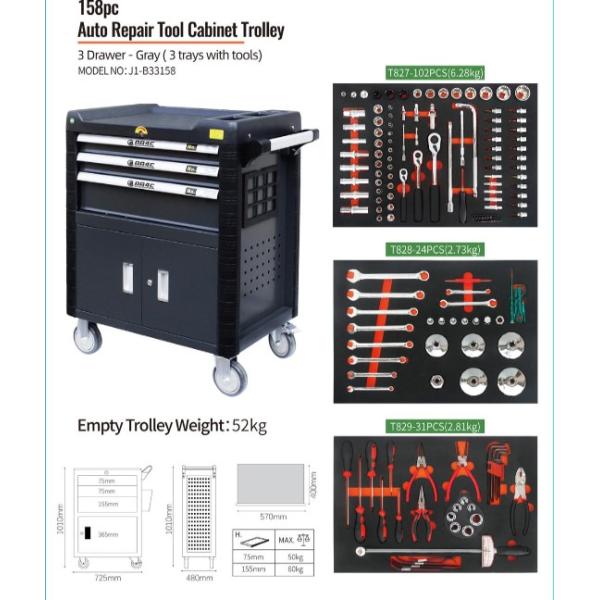 Reparação de automóveis worktableJ1-B33158 das ferramentas da mão do hardware da prateleira da ferramenta do armário da garagem do trole do armário de ferramenta da reparação de automóveis de AA4C 158pcs