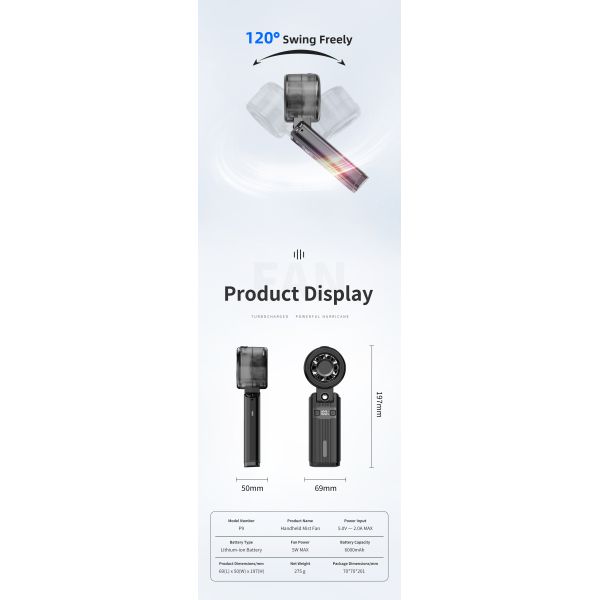 P9 Mini Portable Hand Fan 6000mah USB Battery Rechargeable