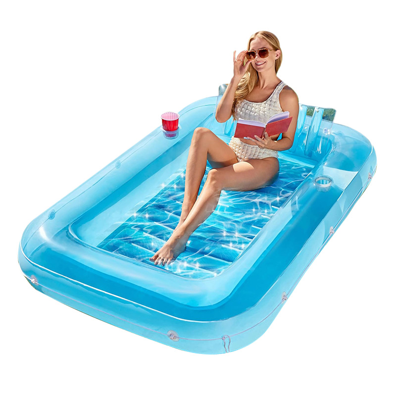 Inflatable Floating Raft with Cup Holder, Tanning Pool Lounge Chair, Beach Sunbathing Pool, Inflatable Transparent Floating Bed