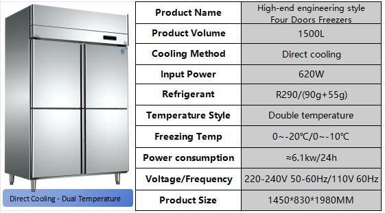 High End 4 Door Commercial Freezer 1500L Direct Cooling Dual Temperature Refrigerator Freezer