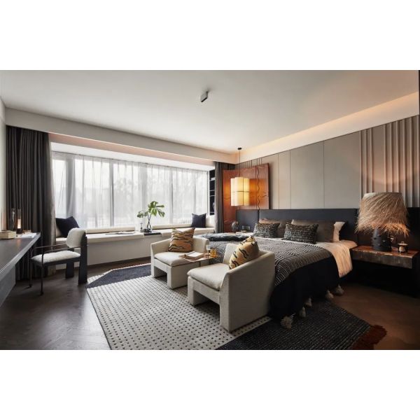 OEM/ODM CUSTOM LUXURY MODERN HOTEL BEDROOM FURNITURE SET | SOLID WOOD FRAME BED, MARBLE NIGHTSTAND, UPHOLSTERED CHAIR & DESK FOR VILLA, RESORT & APARTMENT