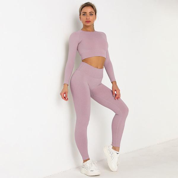 Фиолетовый бесшовный комплект одежды для йоги с высокой талией и ребристым длинным рукавом