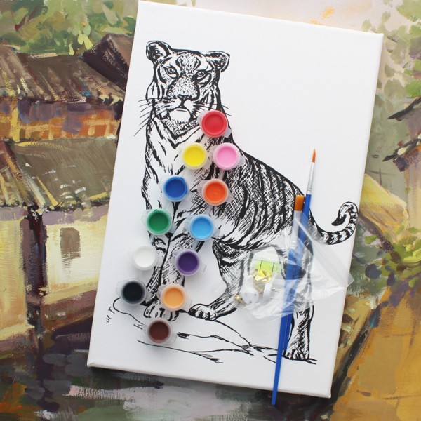hot sale animal printing kids oil painting canvas with watercolor set