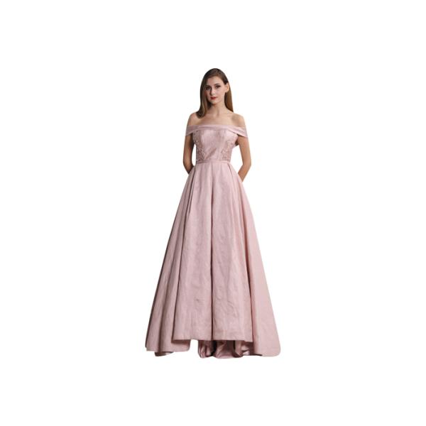 Off Shoulder Pink Color Evening Gowns With Sleeves And Crystal At Waist