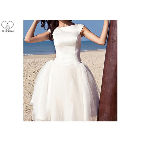 Off White Short Fitted Wedding Dress Sleeveless Top Satin Tulle Hems Back Zipper