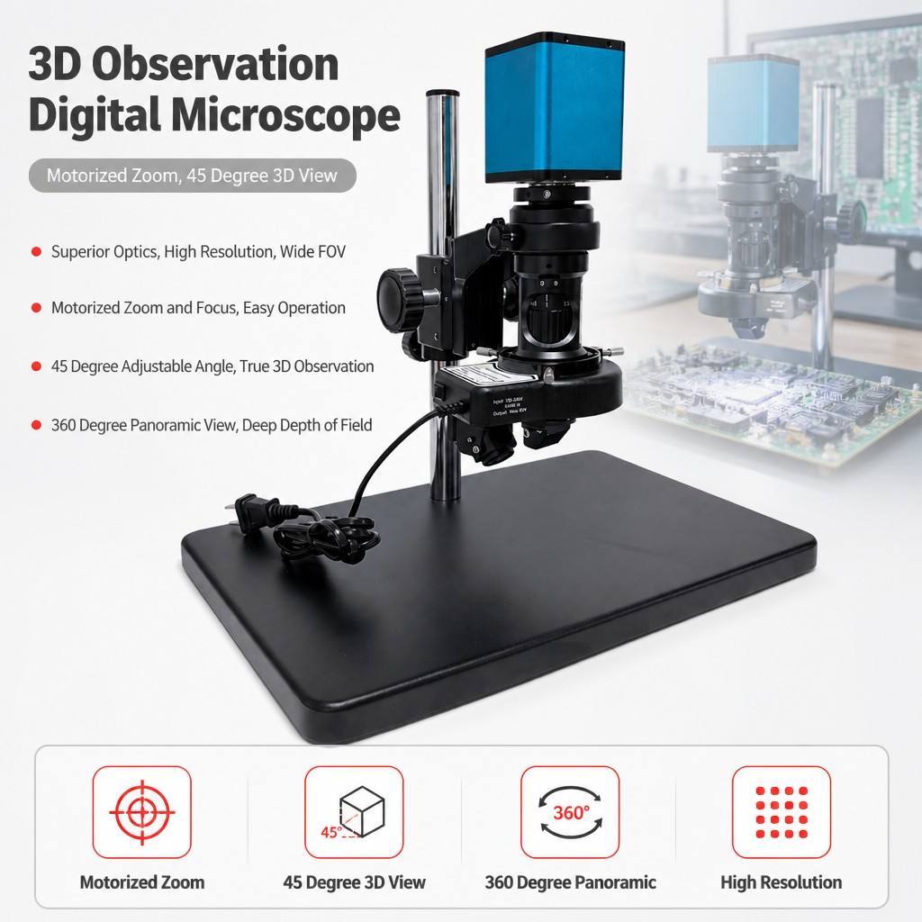 Supplier 3D Digital Microscope Motorized Zoom Focus 45° Angle for Electronics Mechanical Inspection 360° MSS-M-3DGC
