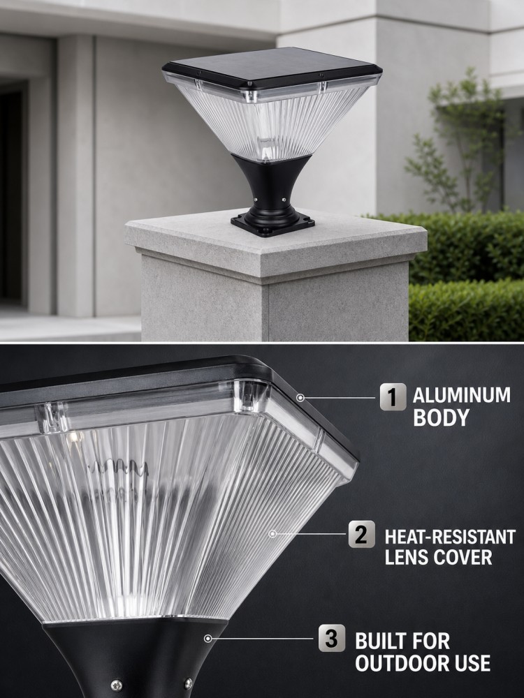 20W High Lumen 1300LM Square Solar Post Lights With Large Capacity Lithium Battery