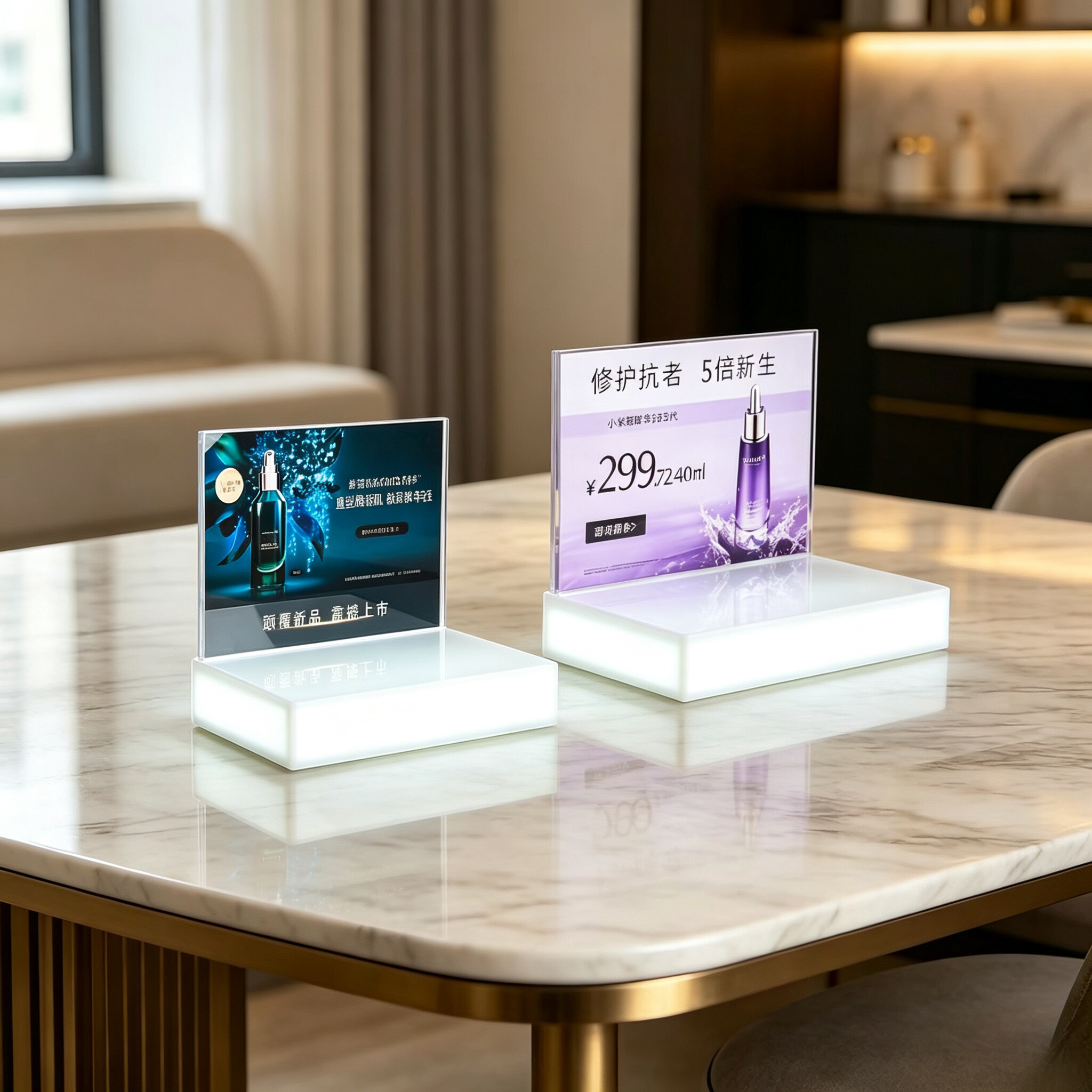 L-shaped product display stand, transparent acrylic cosmetic display rack with lights, skin care product shelf