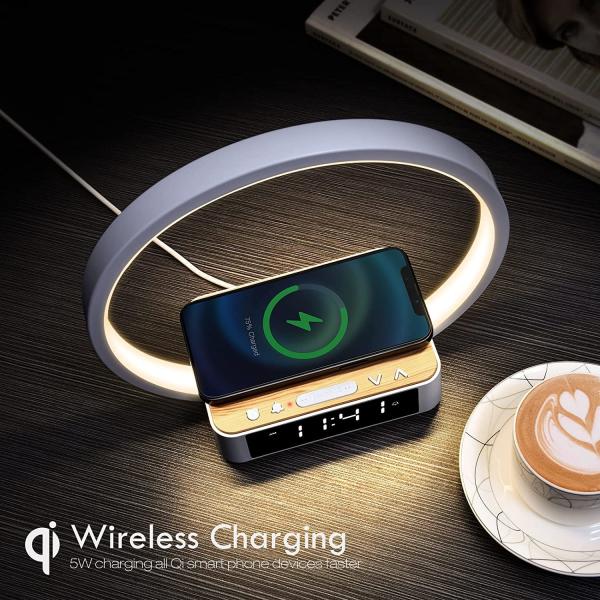 Touch Table Lamp with Wireless Charger, Nightstand Lamp with Clock, Wake-Up Light 3 Levels Brightness LED Night Light