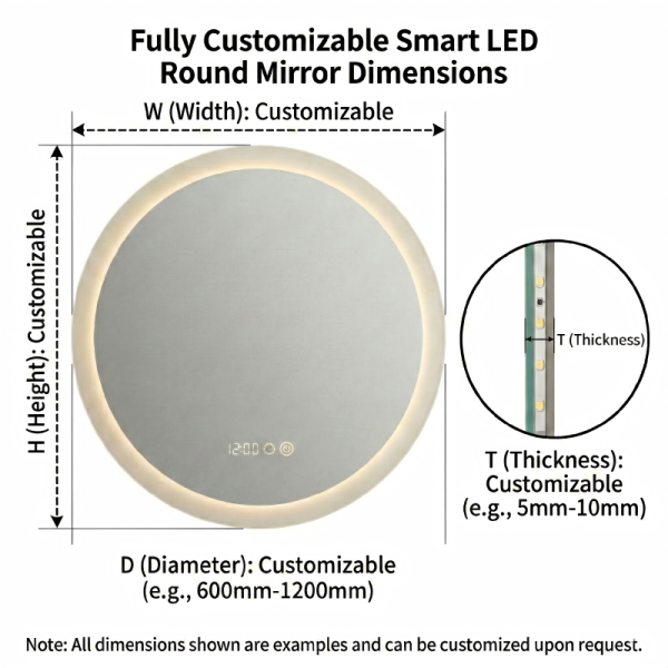 Kingstin Smart Round LED Bathroom Mirror Anti-Fog Dimmable 3-Color Light Frameless Vanity Wall Mirror