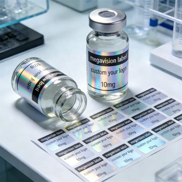 Customized Low Minimum Order Fast Shipping Peptide Roll Stickers Cold Storage Vials Silver Hologram Vinyl White BOPP