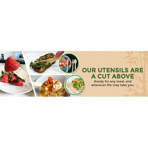 Disposable Outdoor Bamboo Utensils, 100% Bamboo Cutlery Wooden Cutlery  Eco-Friendly Compostable Cutlery