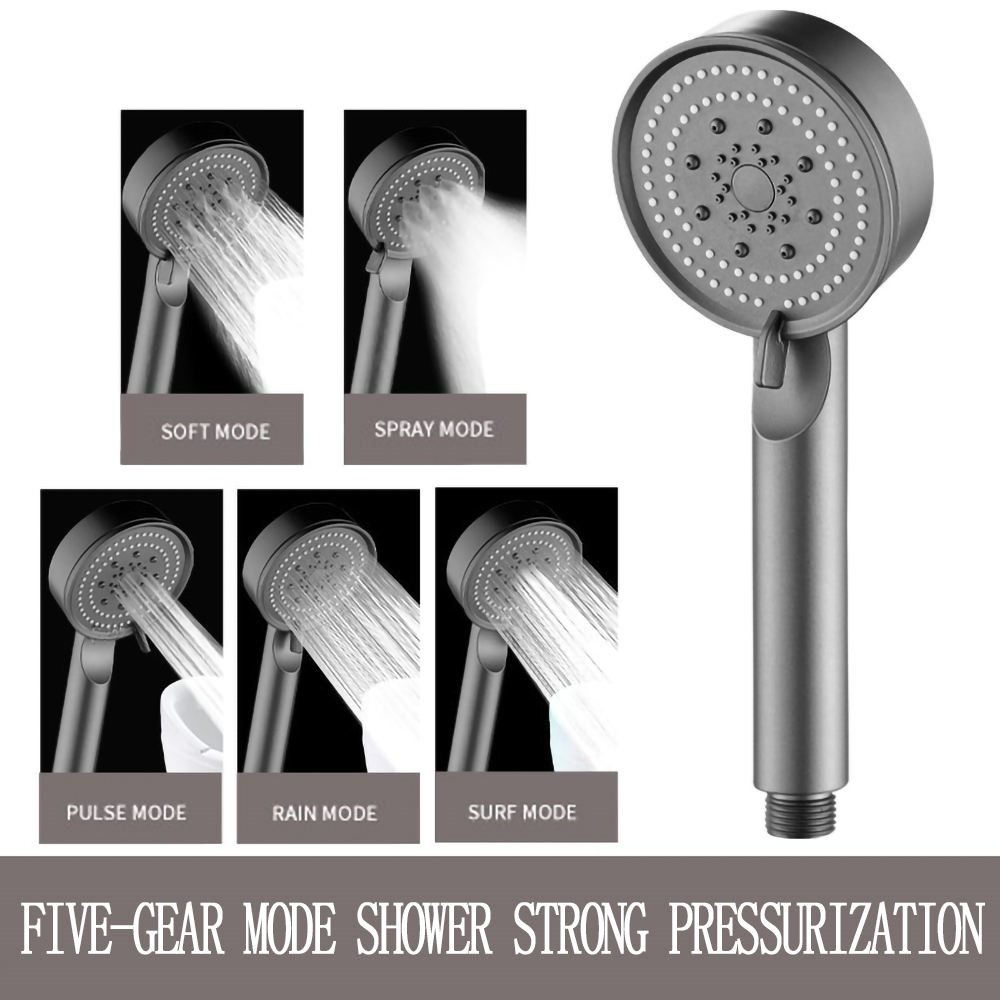 Low-flow shower head with 5 adjustable modes. One-button stop for high-pressure shower. Water massage function. Eco-friendly shower.