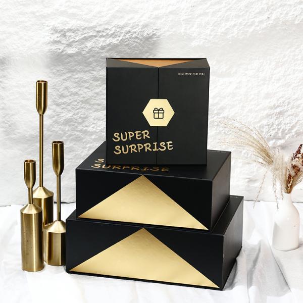 Surprise Gift Rigid Paper Boxes Double Opening Black Gold Business Perfume Gift Box