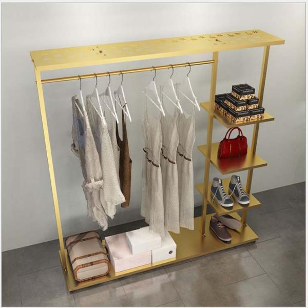 Commercial Sectional Display Furniture Gold Clothing Rack with Shelves and Wheels