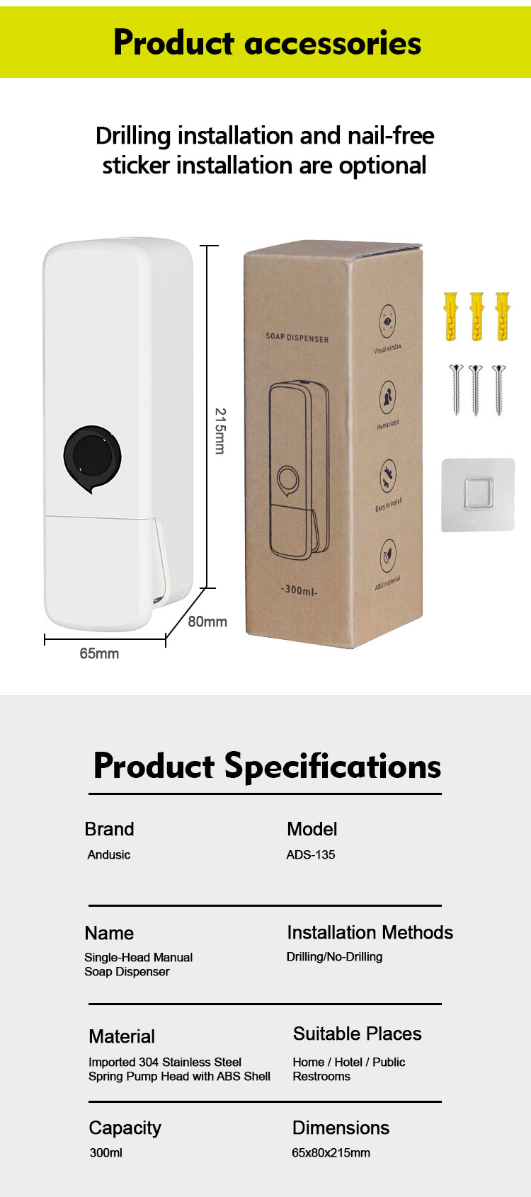 Hotel Wall Mounted Manual Soap Dispenser With 300ml Capacity 65x75x220mm Size