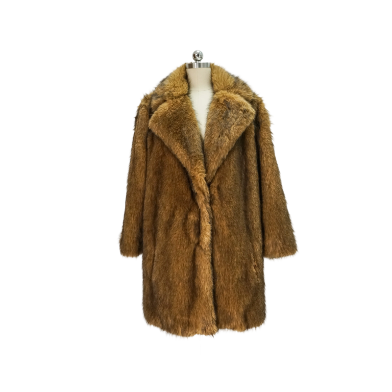 Rich Gradient Brown Mid-Length Faux Fur Coat with Soft and Smooth Texture for Autumn/Winter
