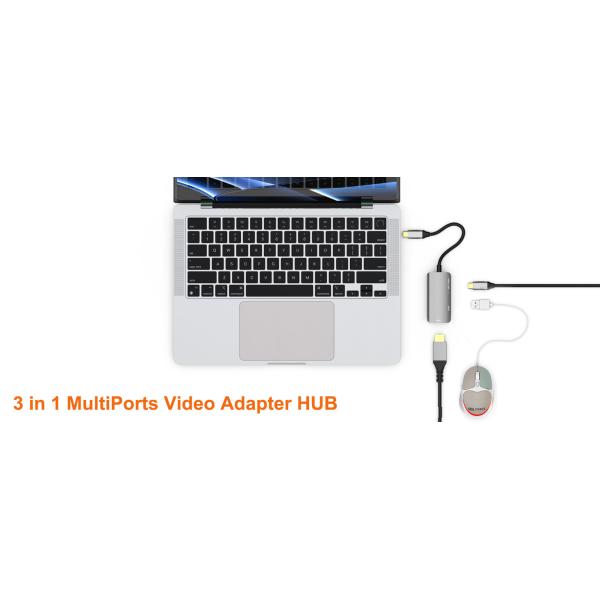 3 In 1 USB C Multi Port Video Adapter 4K 60Hz HUB With One USB A Data Port And PD