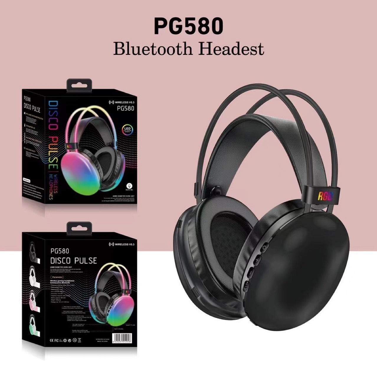 JTY-580 RGB wireless gaming headset, Bluetooth 5.0 headset with color LED lights, HiFi stereo, long battery life, surround sound, suitable for gaming headsets on PC phones