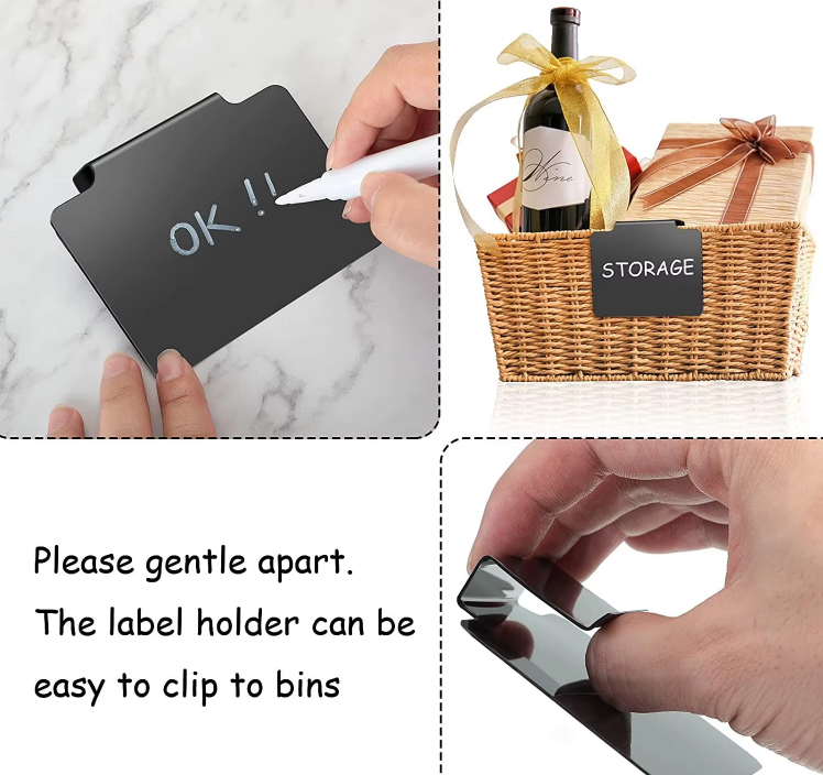 Custom Plastic Kitchen Pantry Basket Labels Clips With Holder Rewritable Removable Black Labels For Storage Bin