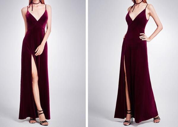 Maroon Velvet A Line Dress Sling V Neck High Slit Back Invisible Zipper